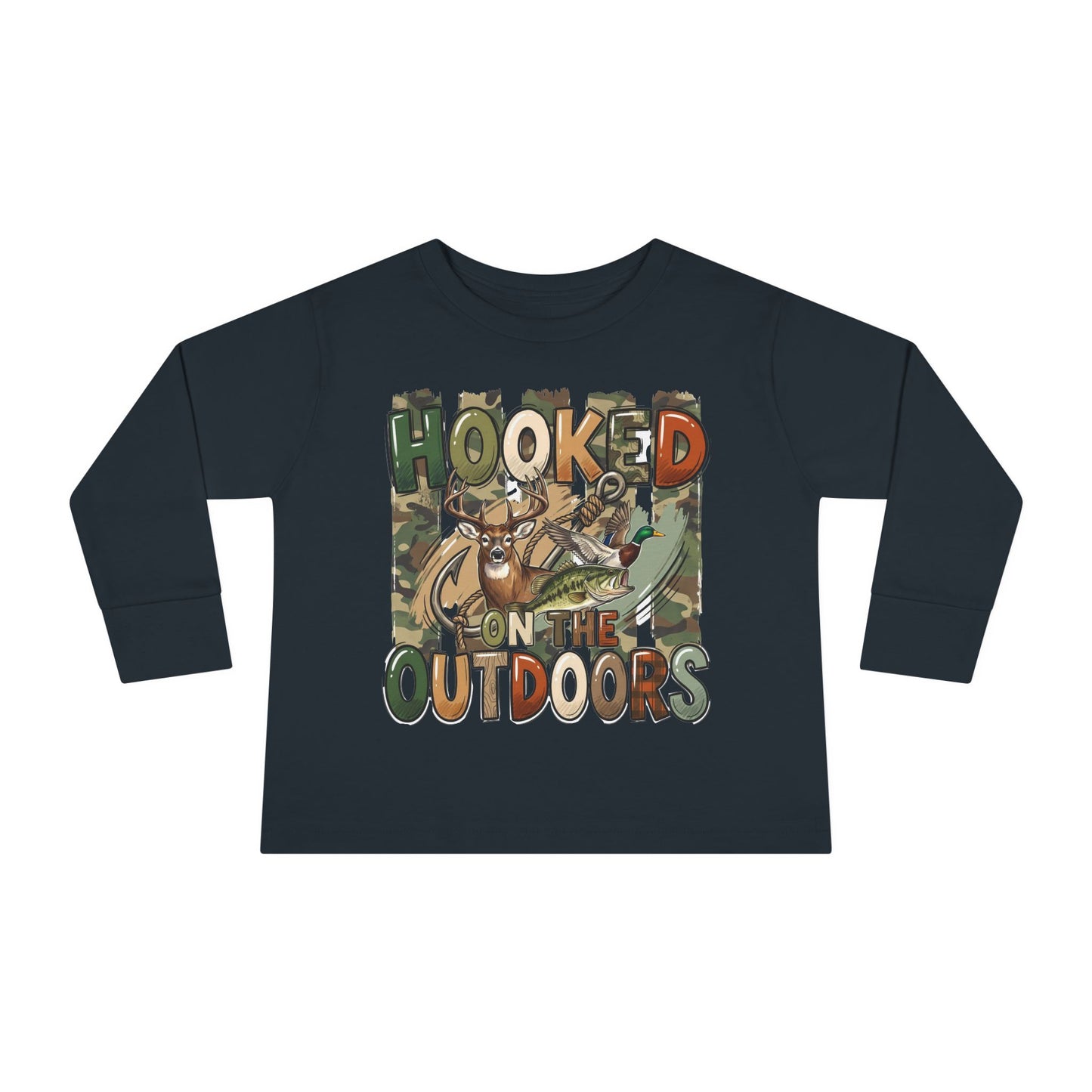 Toddler Long Sleeve Tee — "Hooked on the Outdoors" Cute Fishing Deer Graphic