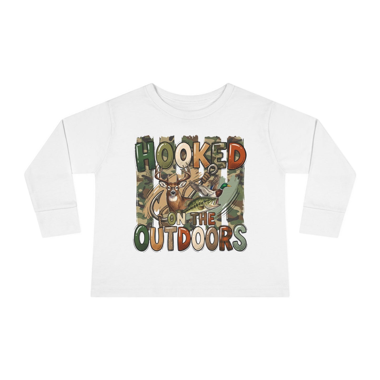 Toddler Long Sleeve Tee — "Hooked on the Outdoors" Cute Fishing Deer Graphic