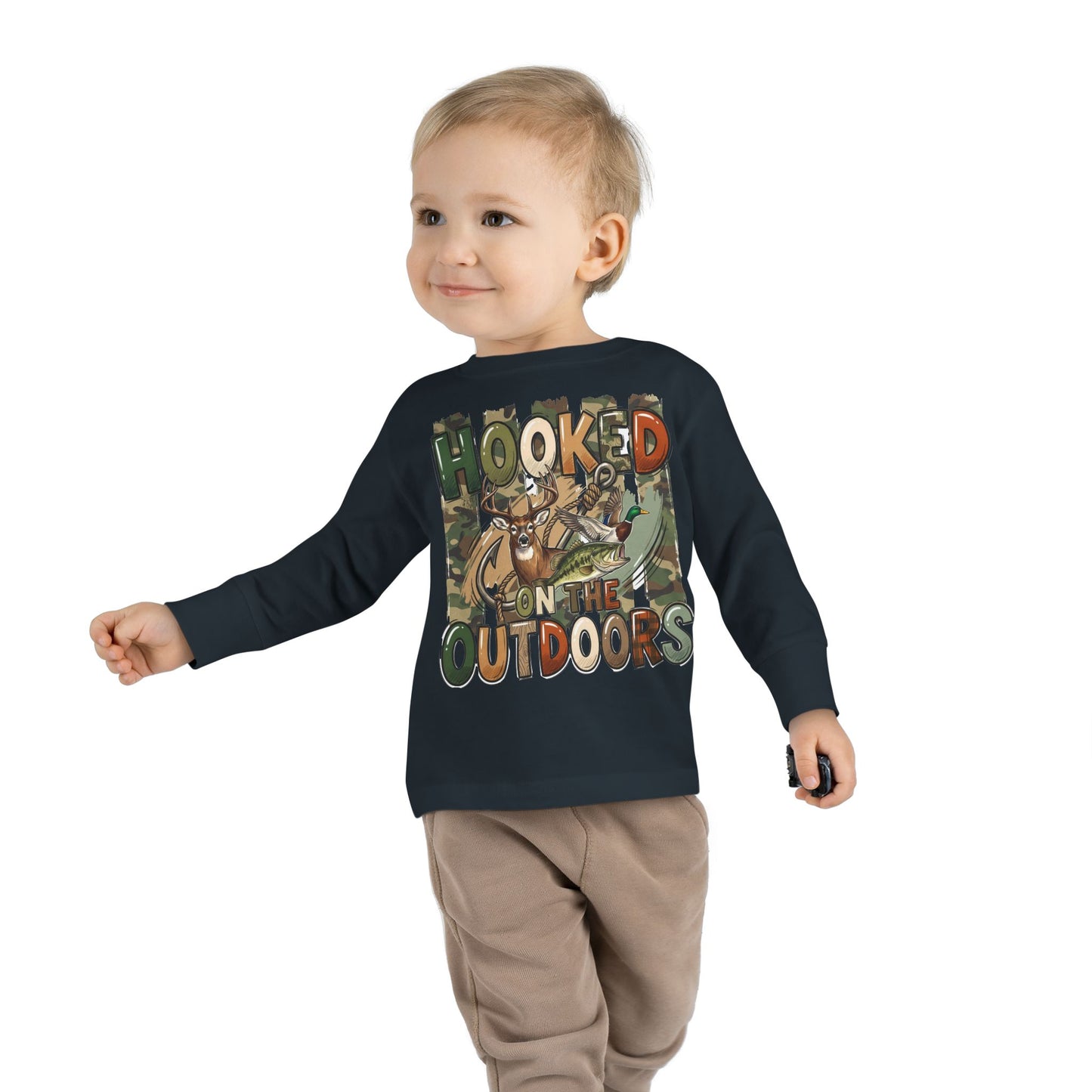 Toddler Long Sleeve Tee — "Hooked on the Outdoors" Cute Fishing Deer Graphic