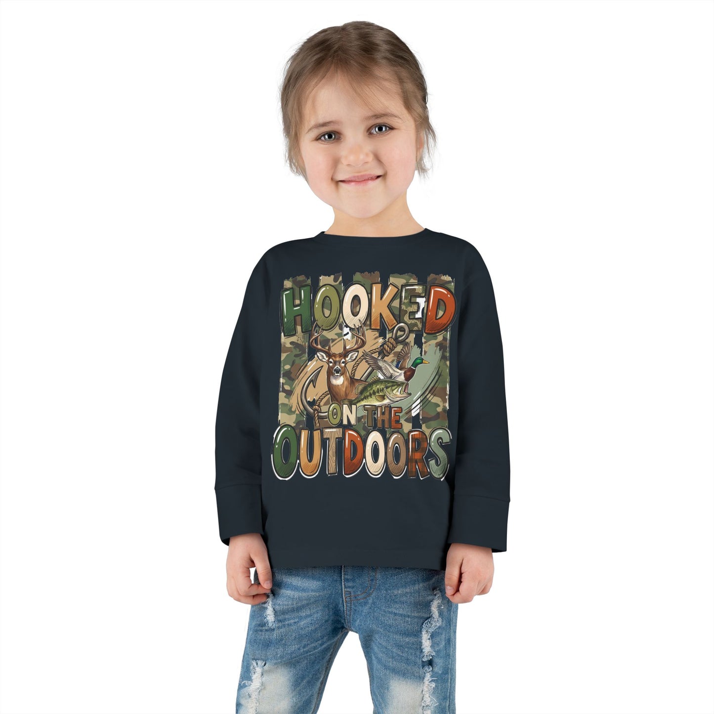 Toddler Long Sleeve Tee — "Hooked on the Outdoors" Cute Fishing Deer Graphic
