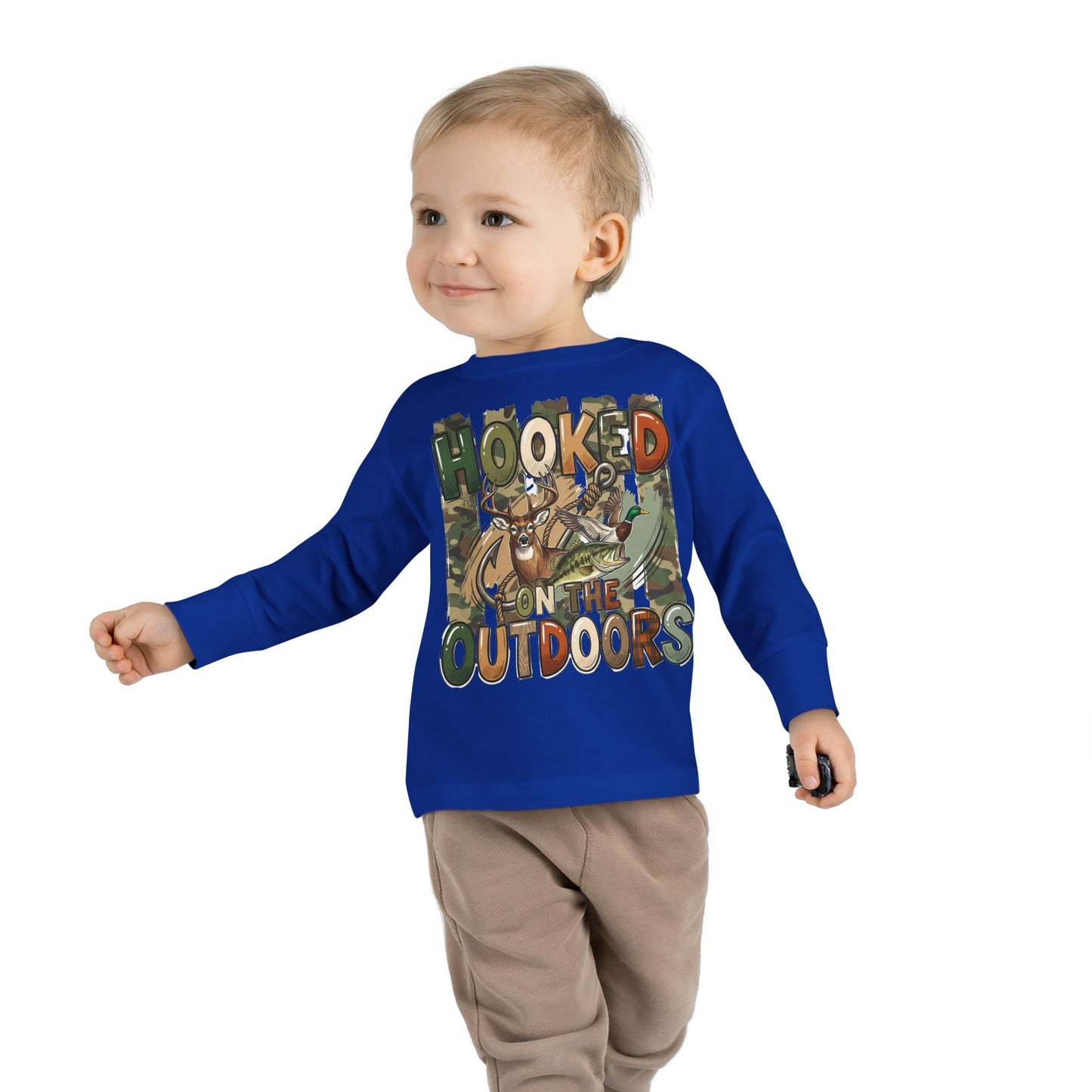 Toddler Long Sleeve Tee — "Hooked on the Outdoors" Cute Fishing Deer Graphic