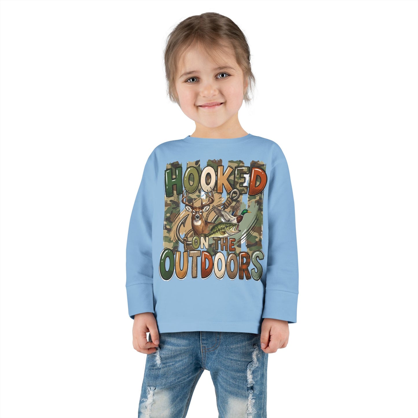 Toddler Long Sleeve Tee — "Hooked on the Outdoors" Cute Fishing Deer Graphic