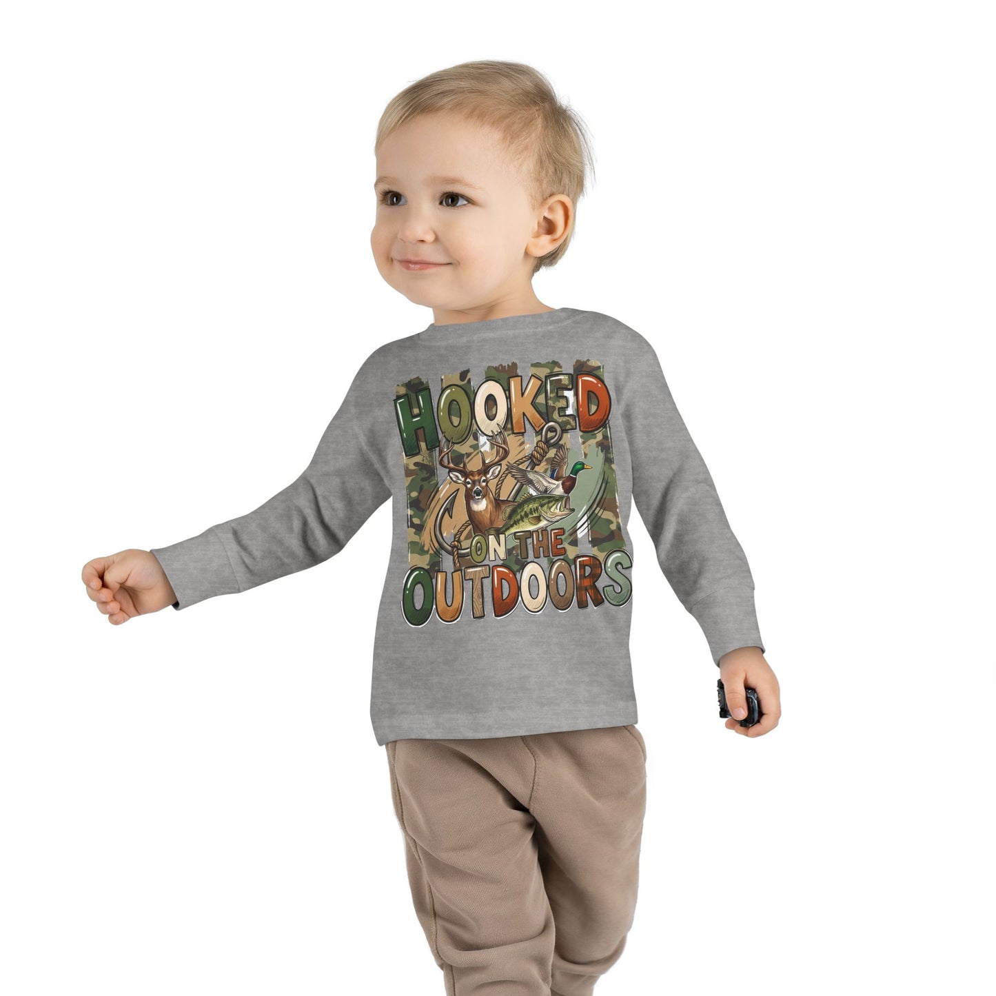 Toddler Long Sleeve Tee — "Hooked on the Outdoors" Cute Fishing Deer Graphic