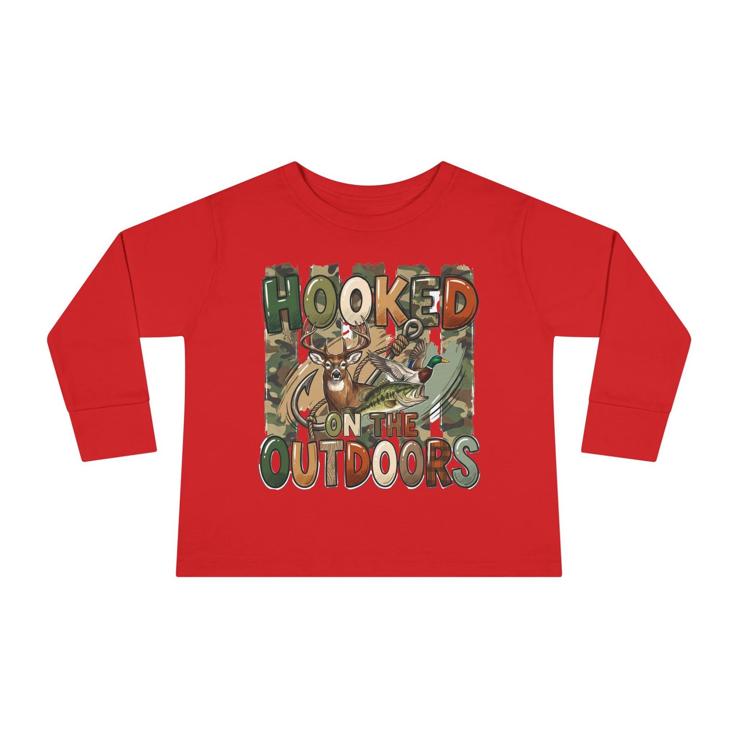 Toddler Long Sleeve Tee — "Hooked on the Outdoors" Cute Fishing Deer Graphic
