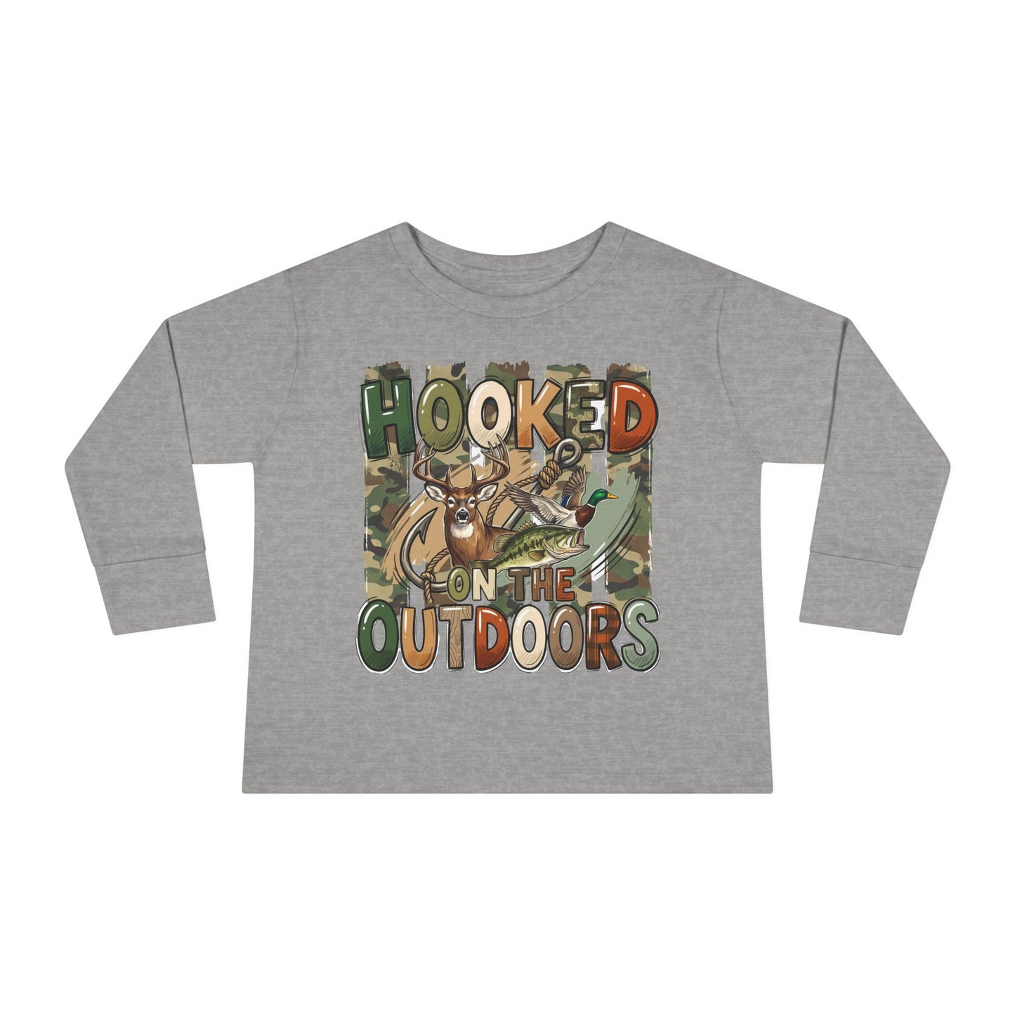 Toddler Long Sleeve Tee — "Hooked on the Outdoors" Cute Fishing Deer Graphic