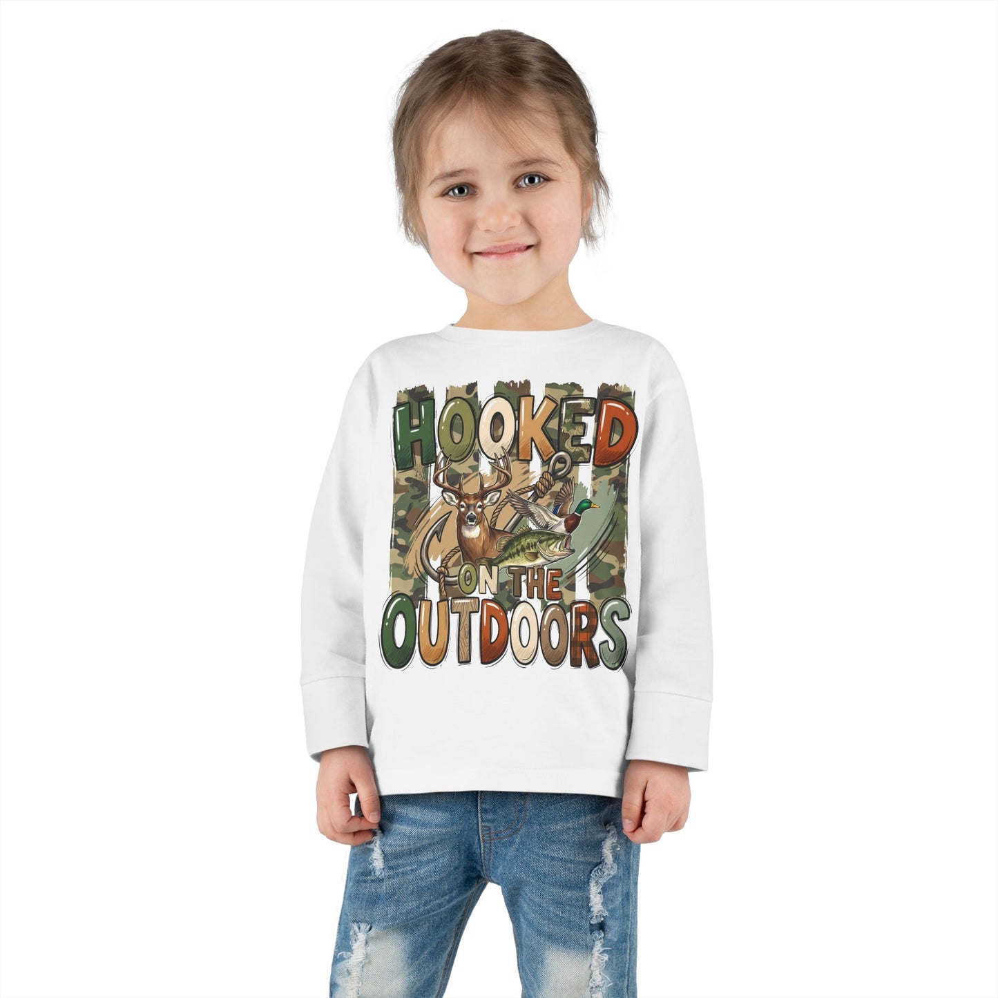 Toddler Long Sleeve Tee — "Hooked on the Outdoors" Cute Fishing Deer Graphic