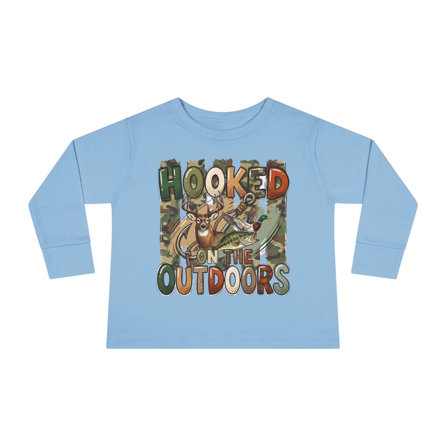 Toddler Long Sleeve Tee — "Hooked on the Outdoors" Cute Fishing Deer Graphic