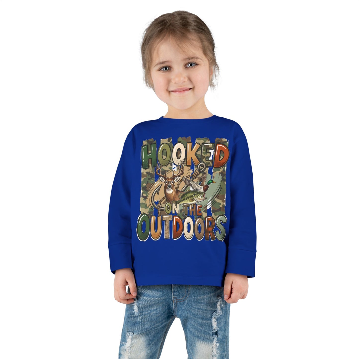 Toddler Long Sleeve Tee — "Hooked on the Outdoors" Cute Fishing Deer Graphic
