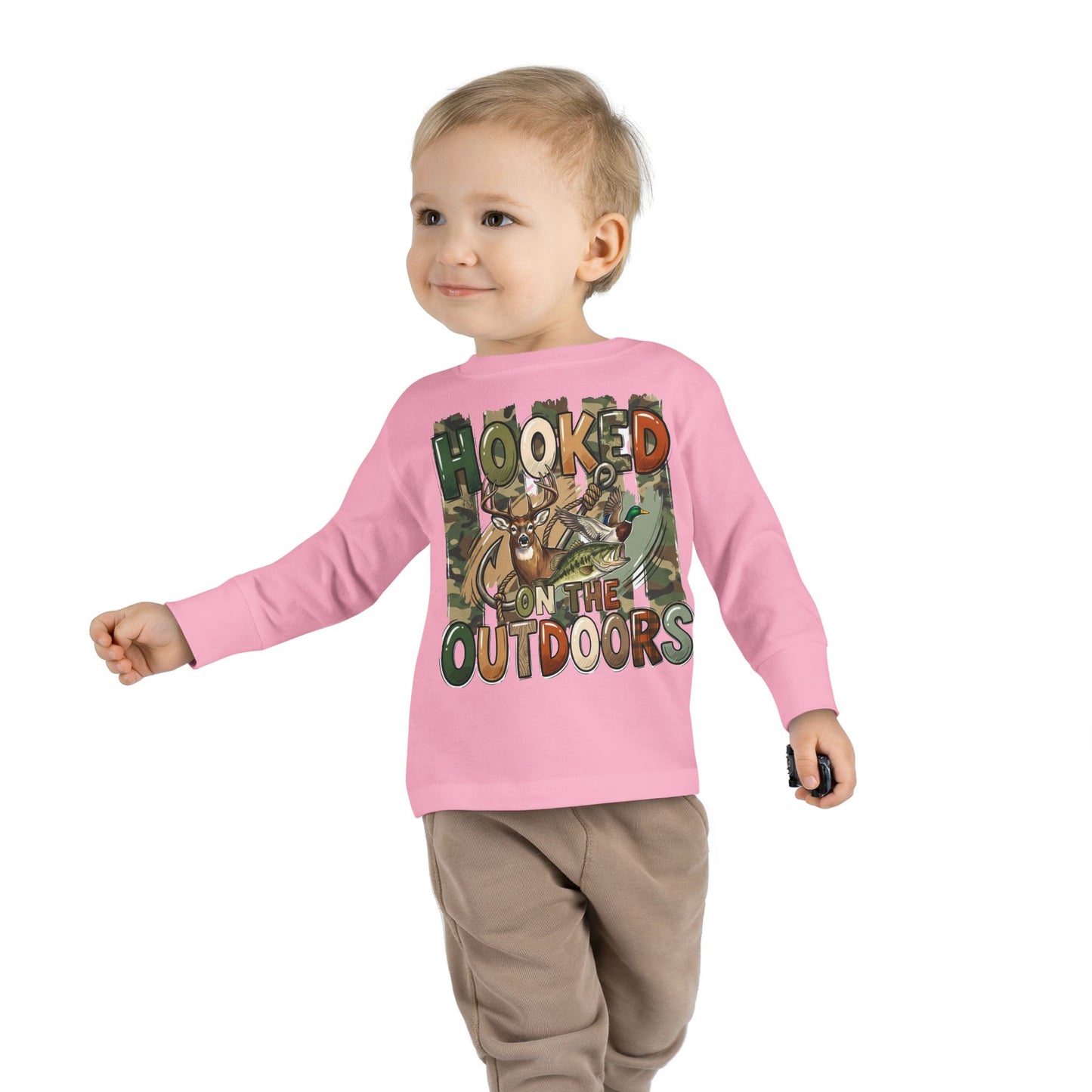 Toddler Long Sleeve Tee — "Hooked on the Outdoors" Cute Fishing Deer Graphic
