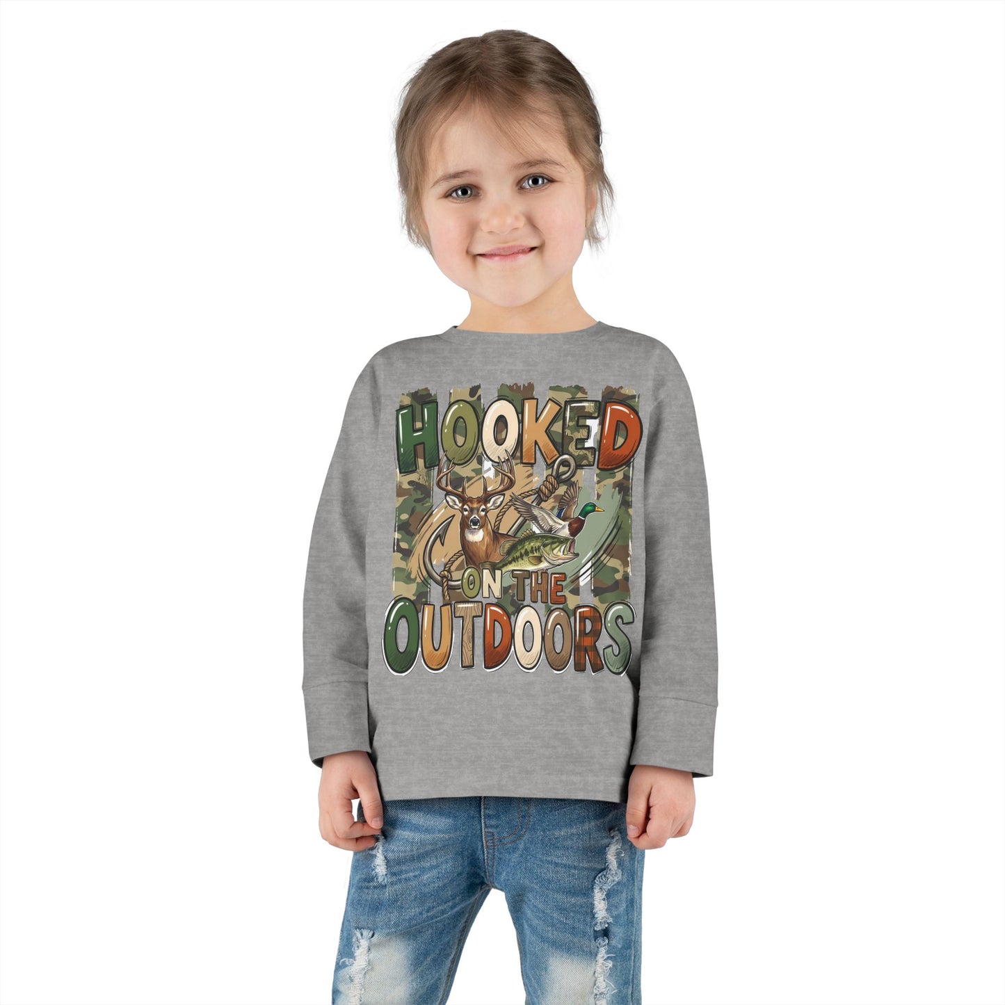 Toddler Long Sleeve Tee — "Hooked on the Outdoors" Cute Fishing Deer Graphic