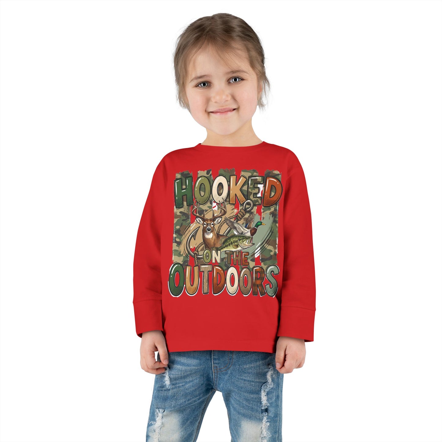 Toddler Long Sleeve Tee — "Hooked on the Outdoors" Cute Fishing Deer Graphic