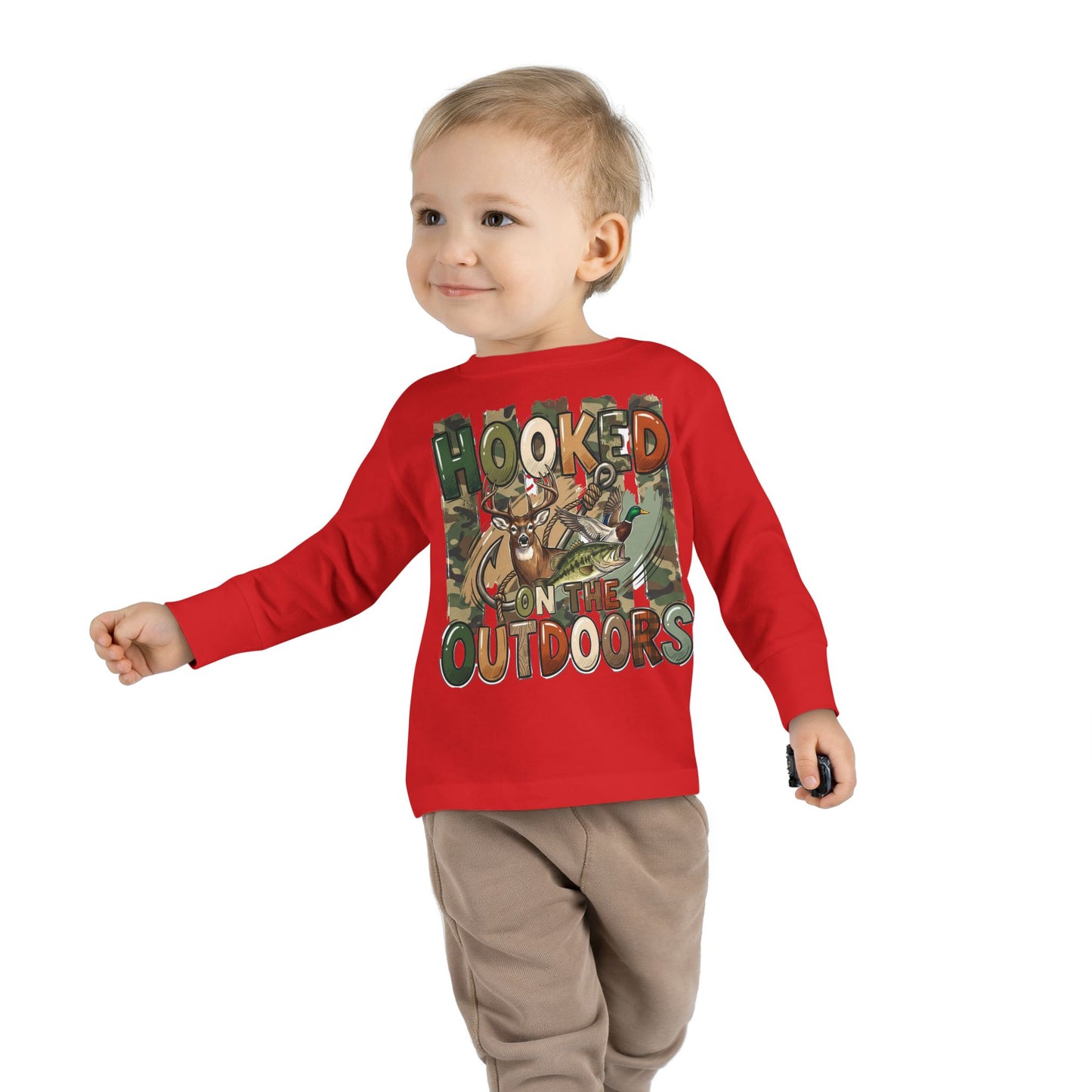 Toddler Long Sleeve Tee — "Hooked on the Outdoors" Cute Fishing Deer Graphic