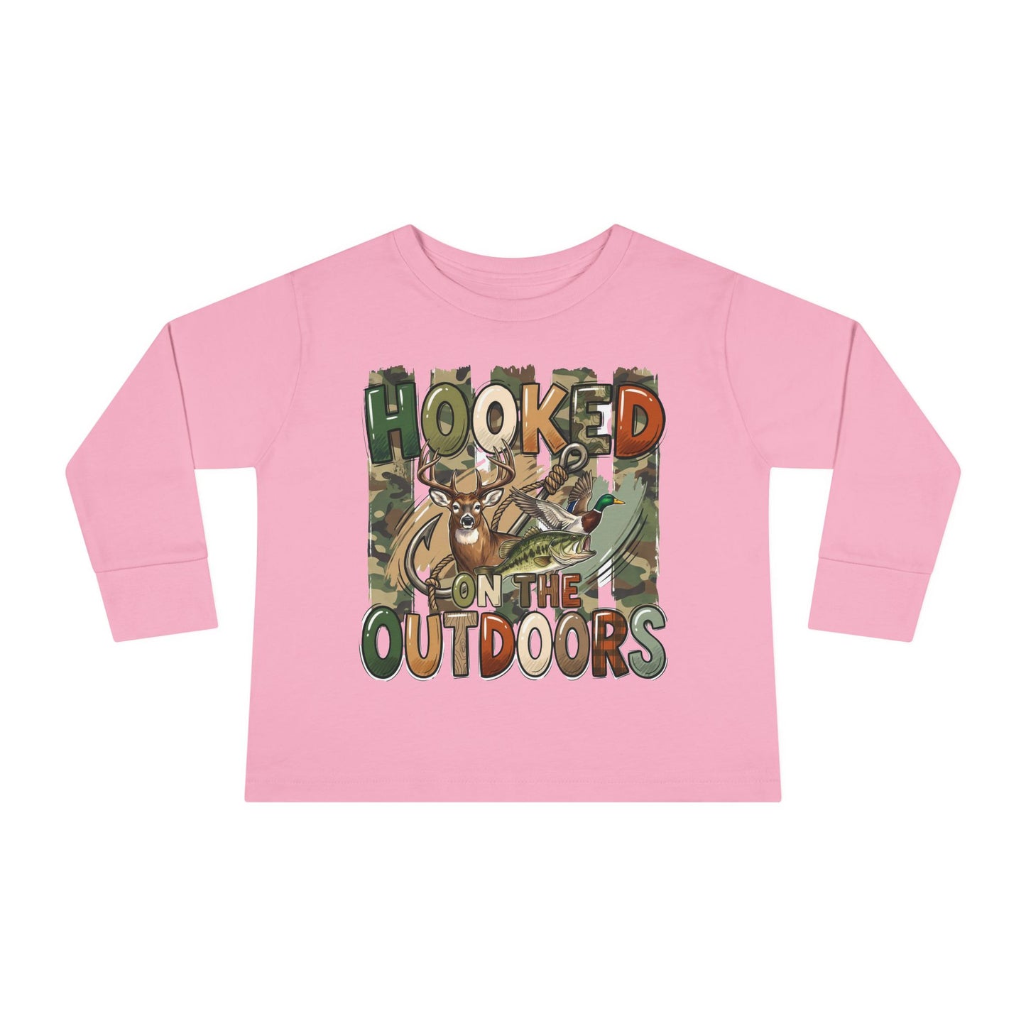 Toddler Long Sleeve Tee — "Hooked on the Outdoors" Cute Fishing Deer Graphic