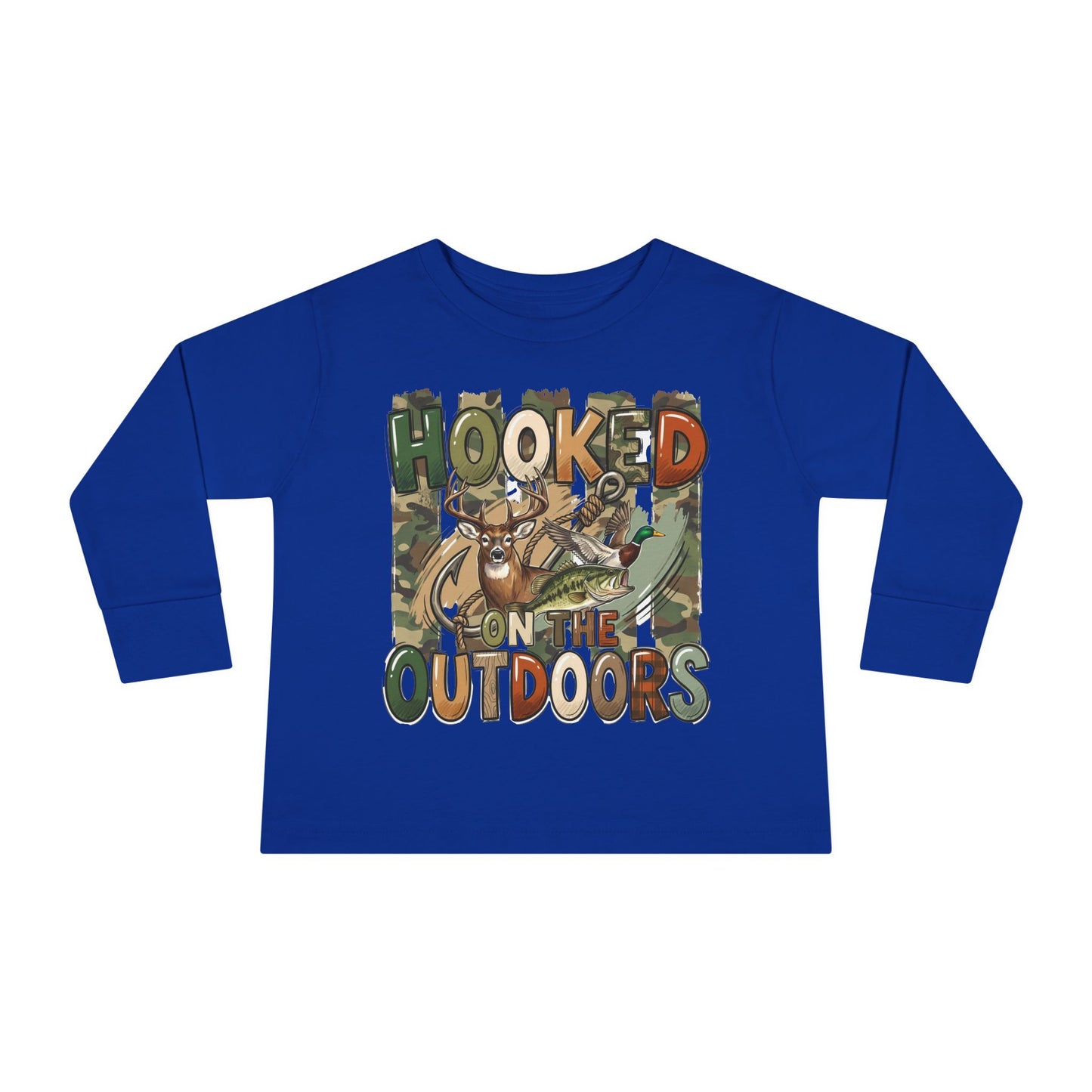 Toddler Long Sleeve Tee — "Hooked on the Outdoors" Cute Fishing Deer Graphic