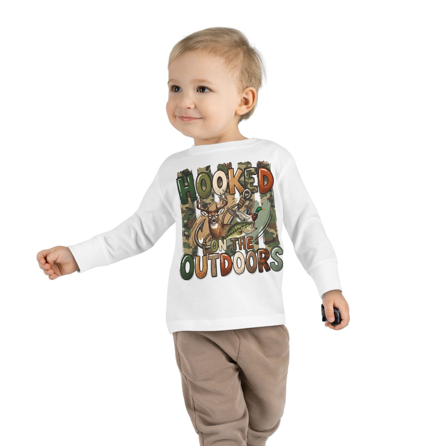 Toddler Long Sleeve Tee — "Hooked on the Outdoors" Cute Fishing Deer Graphic