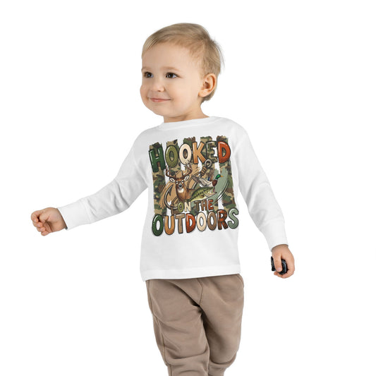 Toddler Long Sleeve Tee — "Hooked on the Outdoors" Cute Fishing Deer Graphic