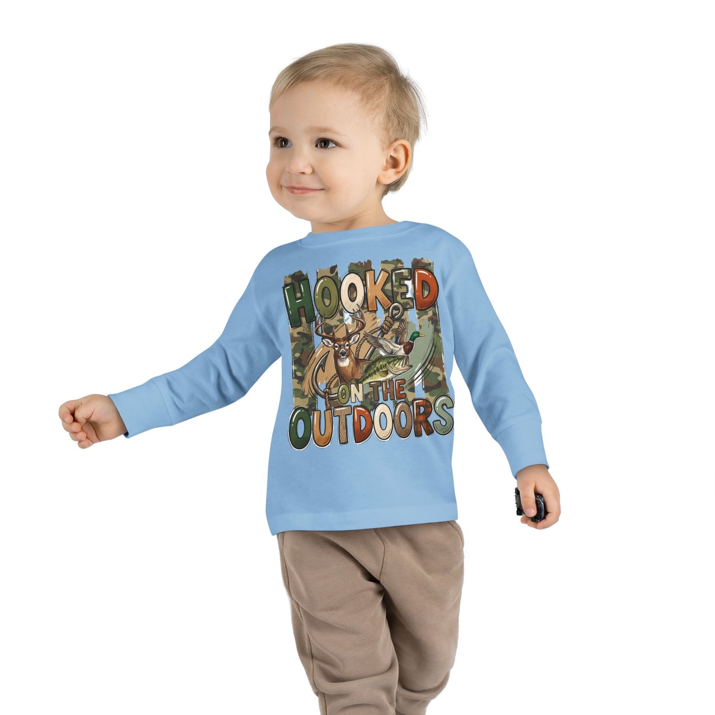 Toddler Long Sleeve Tee — "Hooked on the Outdoors" Cute Fishing Deer Graphic