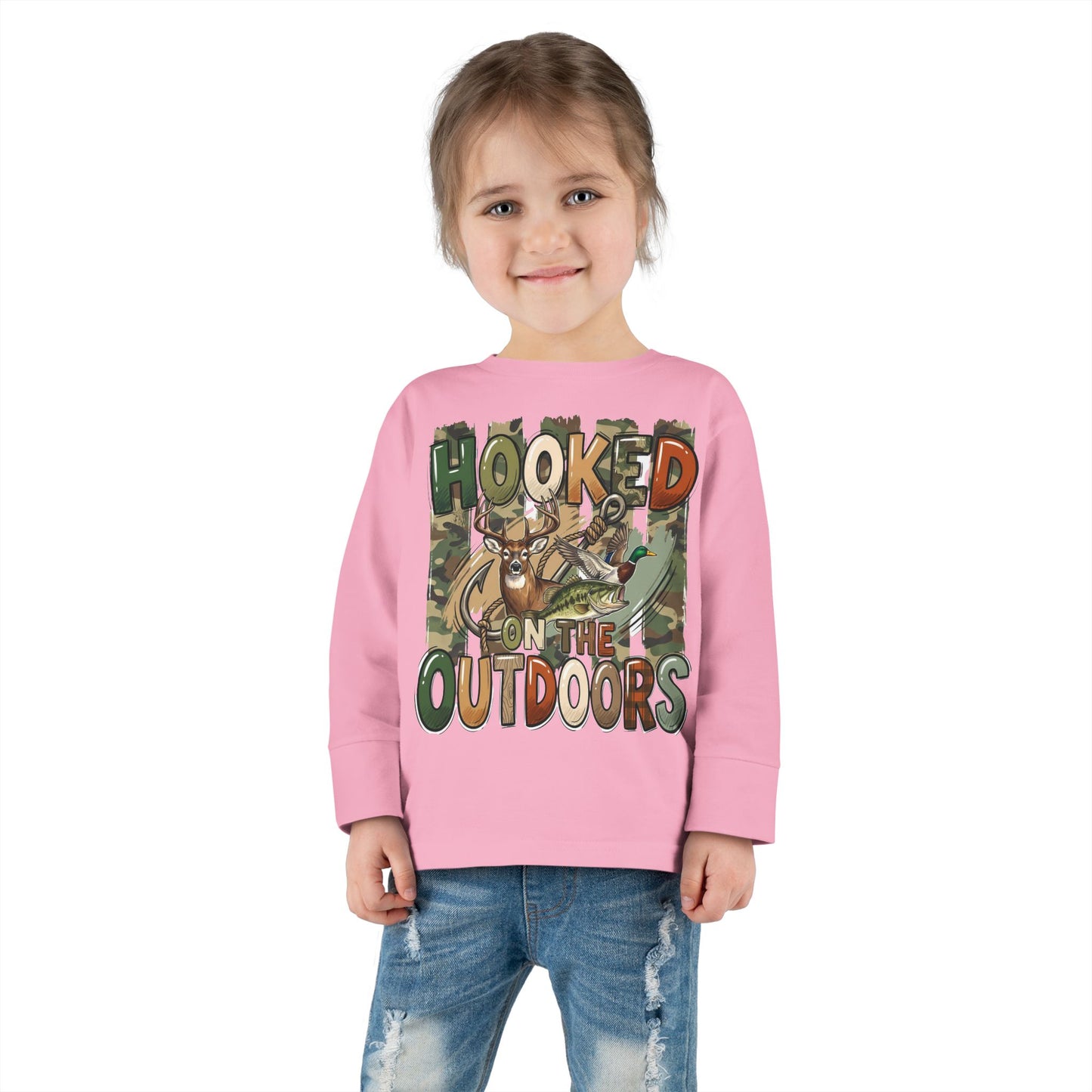 Toddler Long Sleeve Tee — "Hooked on the Outdoors" Cute Fishing Deer Graphic